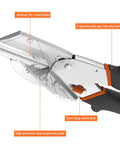 Close-up of multi-angle miter shear cutter set adjustable 45 to 135 degrees with aluminum handle and heavy-duty blade details.