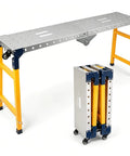 Heavy Duty Folding Welding Table Featuring 1200 Lbs Load Capacity And 66 Inch Portable Workbench Surface, shown unfolded and compact.