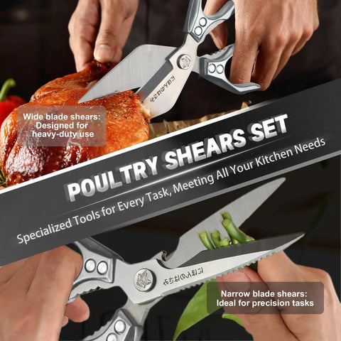 Heavy Duty Two Pack Kitchen Scissors Set For Food With Bone Cutting Blades, Includes Poultry Shears And All Purpose Kitchen Shears, Made From 3Cr13Mov Stainless Steel, Built To Rip Through Tough Bones, cutting roast chicken and vegetables