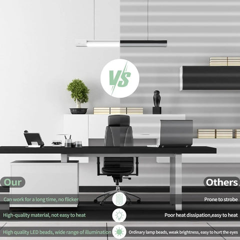 Comparison of 5000K LED Ceiling Light Fixture With Plug In, Linkable 16W Shop Tube Light For Garage Basement Kitchen And Workbench on a desk