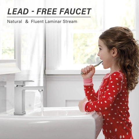 Child using Dope Brushed Nickel One Hole Bathroom Faucet Built From Solid Brass With Pop Up Drain Stopper And Flexible Water Supply Hoses CEC And cUPC Certified Lead Free Vanity Faucet For Bathroom Sink