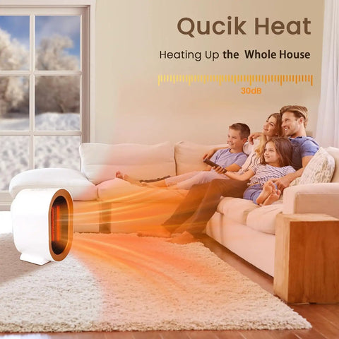 Indoor Space Heater With Dual 1200W And 800W Modes Portable Desk Heater warming family in living room, showcasing quick heat