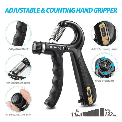Adjustable Counting Grip Strengthener Kit 5 Pack with adjustable resistance, spring, and counter display, black for athletes