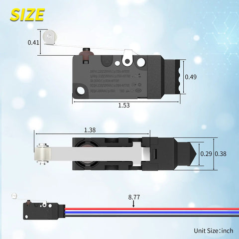 Size diagram of Waterproof Micro Limit Switch With Long Roller Lever SPDT 3 Pin Pre Wired 10A 125 250V 2 Pack Removable Lever Design.