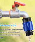 Close-up of blue 3/4 inch hose connector from 16 Piece Garden Hose Quick Connector Set Three Quarter Inch Plastic Fittings For Male And Female Ends With Faucet Adapters And 10 Rubber Gaskets Ultra Handy No Fuss Kit For Easy Leak Free Watering And Quick Repairs attached to outdoor faucet.