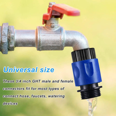 Close-up of blue 3/4 inch hose connector from 16 Piece Garden Hose Quick Connector Set Three Quarter Inch Plastic Fittings For Male And Female Ends With Faucet Adapters And 10 Rubber Gaskets Ultra Handy No Fuss Kit For Easy Leak Free Watering And Quick Repairs attached to outdoor faucet.