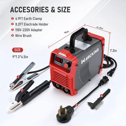 Beast Dual Voltage 140A Digital Stick Welder With 110 220V IGBT Inverter Arc Welder Portable MMA Welding Machine With Hot Start And Anti Stick Compact DIY Tool For Home Garage And On The Job Site, shown with accessories like clamp, electrode holder, adapter, and brush, dimensions 9x7.3x4.5 inches.