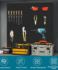 Heavy Duty Steel Pegboard Panels Pack Of 4 12x12 Inches Black For Garage Tool Storage with tools and mounting hardware displayed