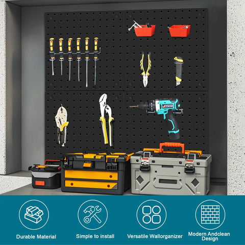 Heavy Duty Steel Pegboard Panels Pack Of 4 12x12 Inches Black For Garage Tool Storage with tools and mounting hardware displayed
