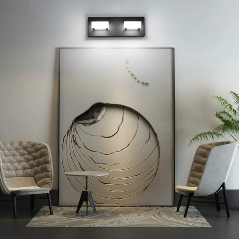 Two Lights Black Modern Bathroom Vanity Light With Acrylic LED Wall Fixture above large artwork in living area