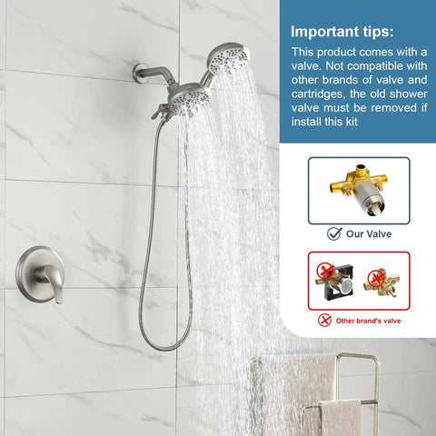 High Pressure Dual Shower System With Handheld And Fixed Heads 2 In 1 Shower Combo, brushed nickel, water flow illustration