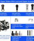41 Piece Zipper Repair Kit Black Durable Universal Replacement Sliders For Separating Jacket Zippers With Retainer Box Top Stops Bottom Stops Great For Jackets Coats Boots Backpacks And More showing a variety of metal, nylon, and plastic sliders and stops.
