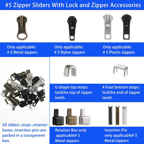 41 Piece Zipper Repair Kit Black Durable Universal Replacement Sliders For Separating Jacket Zippers With Retainer Box Top Stops Bottom Stops Great For Jackets Coats Boots Backpacks And More showing a variety of metal, nylon, and plastic sliders and stops.