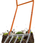 Heavy Duty 5-Tine Broad Fork for Gardening With Ergonomic U Shaped Handle All Steel Construction Rust Resistant Built to Dig Deep Aerate Soil Cultivate Garden Beds Farms and Tough Soil in action on soil