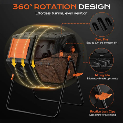 Dual Chamber 45 Gallon Compost Tumbler With Elevated Base And Large Opening For Garden And Backyard No Tools Needed 360 Degree Rotating Tumbling Bin showcasing features