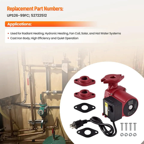 115V 1/6HP Water Circulator Pump With Rock Solid Cast Iron Housing For Radiant And Hydronic Heating Jobs Hassle Free Retrofit For Fan Coil Solar And Hot Water Lines Running Smooth As Butter with fittings and electrical cord.