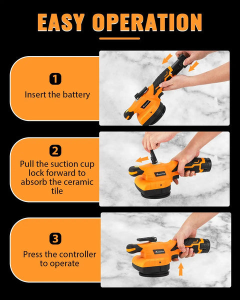 Instructions for Ultra Lightweight Tile Vibration Tool With Suction Cup 2.3 Lb Workhorse, emphasizing easy operation.