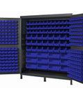 Mega Heavy Duty Jumbo Beige Storage Cabinet With 264 Blue Bins Big Time Organization System, open view showcasing blue bins.