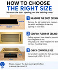 How to choose the right size for Durable Cast Aluminum Floor Register 4x10 Inlet With Walkable Surface Adjustable Louvers 6x12 Faceplate Gold Finish No Screw Holes Rust Resistant Vent Cover For Standard Duct Openings Modern Linear Design.