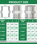 Legit Heavy Duty 316L Stainless Steel Hex Nipple Pipe Fitting Featuring 3/4 Inch Male Npt Dual External Threads size chart.