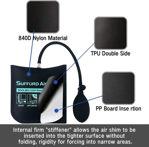 Diagram of Pro Grade Commercial Air Wedge Bag 2 Pack With Quick Release Pump, showing 840D nylon, TPU, and PP board materials.