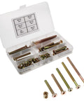 Bulletproof Furniture Connector Bolts And Nuts Kit With Hex Socket Heads Copper Alloy Fasteners in assorted sizes in a box.