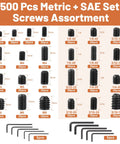 Hardworking 500 Piece Set Screw Kit With 25 Sizes Metric And SAE shown with screws and Allen wrenches