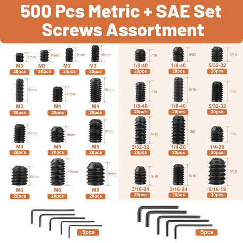 Hardworking 500 Piece Set Screw Kit With 25 Sizes Metric And SAE shown with screws and Allen wrenches