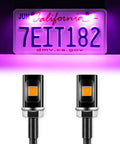 Crazy Bright 5050 LED License Plate Light Kit 12V Waterproof Black Aluminum Holder Purple 2 Pack For Cars Trucks Motorcycles RVs ATVs Bikes Easy Install Direct Replacement Weatherproof Nighttime Visibility Boost image showing purple glow on license plate and black aluminum holder details.