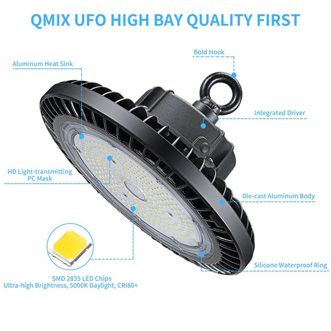 LED High Bay Light 240W UFO Style Shop Light With 36000 Lumens No Nonsense 150 Lumens Per Watt 1-10V Dimmable 5000K Daylight ETL DLC Listed HID Replacement Warehouse Grade Industrial Lighting detailed view with aluminum heat sink and integrated driver.