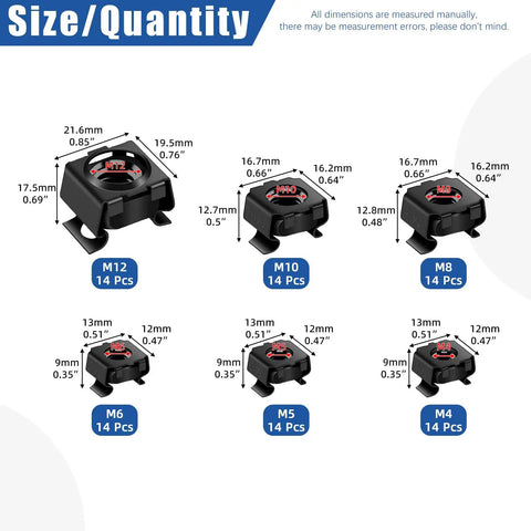 Heavy Duty Black Snap In Cage Nuts M4 Through M12 Carbon Steel Rack Mount Kit sizes and quantities for server cabinets.