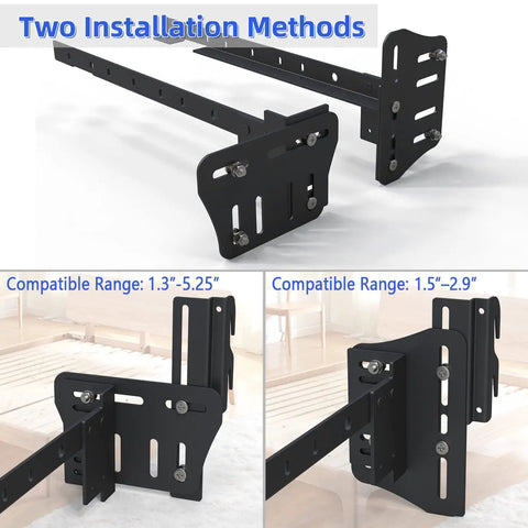 Premium Universal Bed Frame Brackets And Headboard Connectors Black 2 Piece Steel Plates illustrating two installation methods.