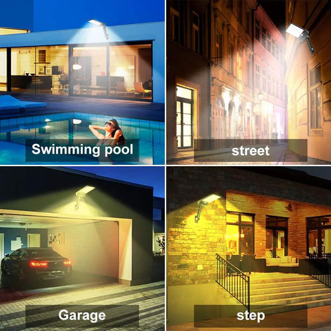 Beef Up Your Outdoor Space With Remote Solar Lights Color Temperature Adjustable From 2700K To 6000K 48 LED shown in various settings