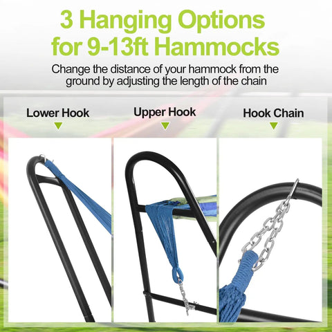 Heavy Duty Steel Hammock Stand Built To Last, Tough As Nails With 550 Pound Capacity, Double Bar Design showing chain hooks