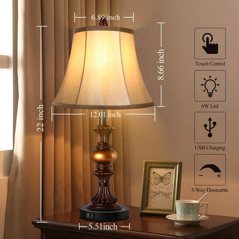 Two Pack Touch Control Traditional Table Lamps With Dual USB Ports, 3 Way Dimmable Bronze Finish Bell Shade Bedside Lighting Set
