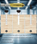 Three Piece Countersink Drill Bit Set Gold Coated Heavy Duty Bits In 12Mm 16Mm And 19Mm Sizes on wood, showing steps for flush screw mounting.