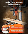 Built Different 12 Inch Benchtop Drill Press With Beefy 5 Amp Motor And Variable Speed Control showing X-ray drill positioning on wood.
