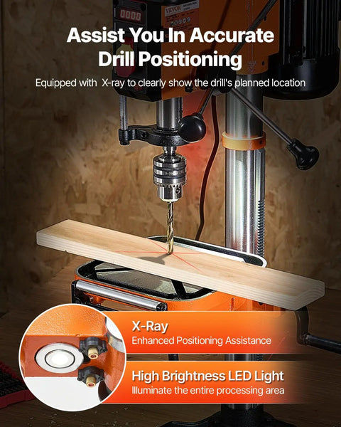 Built Different 12 Inch Benchtop Drill Press With Beefy 5 Amp Motor And Variable Speed Control showing X-ray drill positioning on wood.