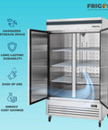 Pro Shop Grade 40 Inch Reach In Freezer Featuring Double Solid Doors And Adjustable Steel Shelves And 35 Cubic Feet commercial freezer with open doors and adjustable shelves.