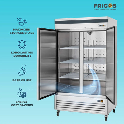 Pro Shop Grade 40 Inch Reach In Freezer Featuring Double Solid Doors And Adjustable Steel Shelves And 35 Cubic Feet commercial freezer with open doors and adjustable shelves.