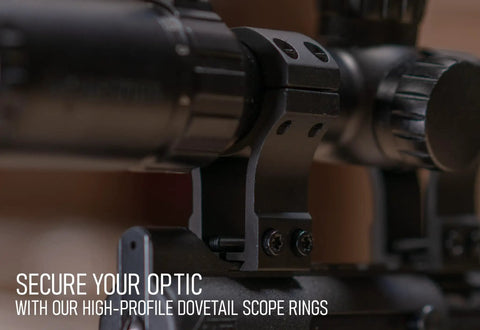 Close-up of 11mm Dovetail Scope Rings For Air Rifles And Pistols 1 Inch Diameter 1.50 Inch Center Height mounted on a rifle