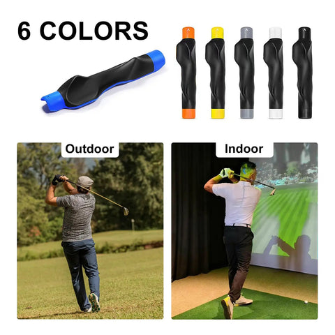 Grip Trainer For Right Hand Golfers Molded Training Aid To Fix Swing Grip shown in six colors with outdoor and indoor usage.