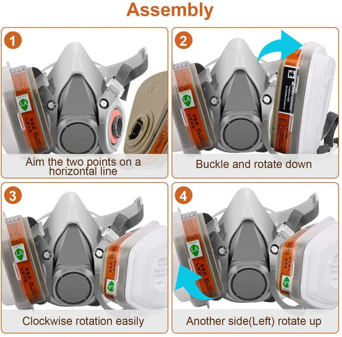 Assembly instructions for Reusable Half Face Mask With Glasses For Gas Dust Paint Car Spraying And Organic Vapors Pro Grade Filter.
