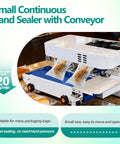 Commercial Heat Sealer For Bags And Films With Digital Temperature Control And Adjustable Speed Continuous Band Sealer Machine Desktop Bag Sealer For Plastic Bags Fast High Speed 16 Meters Per Minute 110V 60Hz on kitchen counter with packaging bags