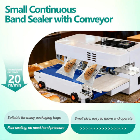 Commercial Heat Sealer For Bags And Films With Digital Temperature Control And Adjustable Speed Continuous Band Sealer Machine Desktop Bag Sealer For Plastic Bags Fast High Speed 16 Meters Per Minute 110V 60Hz on kitchen counter with packaging bags