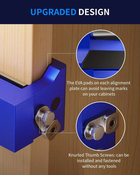 Heavy Duty Cabinet Clamps 4 Pack With Built In Drill Guide And EVA Protection, blue cast steel on wood corner detail