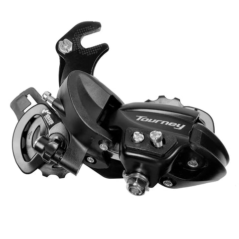 Tourney RD TY300 6 And 7 Speed Rear Derailleur Long Cage With Hanger Mount for bikes, showing black durable design.
