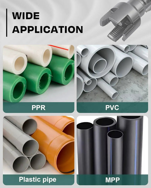 Vorhixa 2Pcs Pipe Threading Tool For Electric Drill, Integrated Internal & External Water Pipe Threader Cutting Die, 1/2 And 3/4 Inch, Forged Alloy Steel, Fast Precise Plumbing Hack, image showing PPR, PVC, plastic, and MPP pipes.