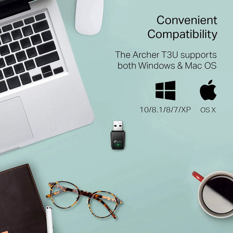 AC1300 USB WiFi Adapter Archer T3U Dual Band Wireless Dongle next to laptop and glasses, showing compatibility with Windows and Mac OS.