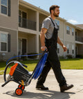 Pro Level Stand Airless Paint Sprayer With Sturdy Rolling Cart 1500W Motor in use, man carrying sprayer with hose on cart.